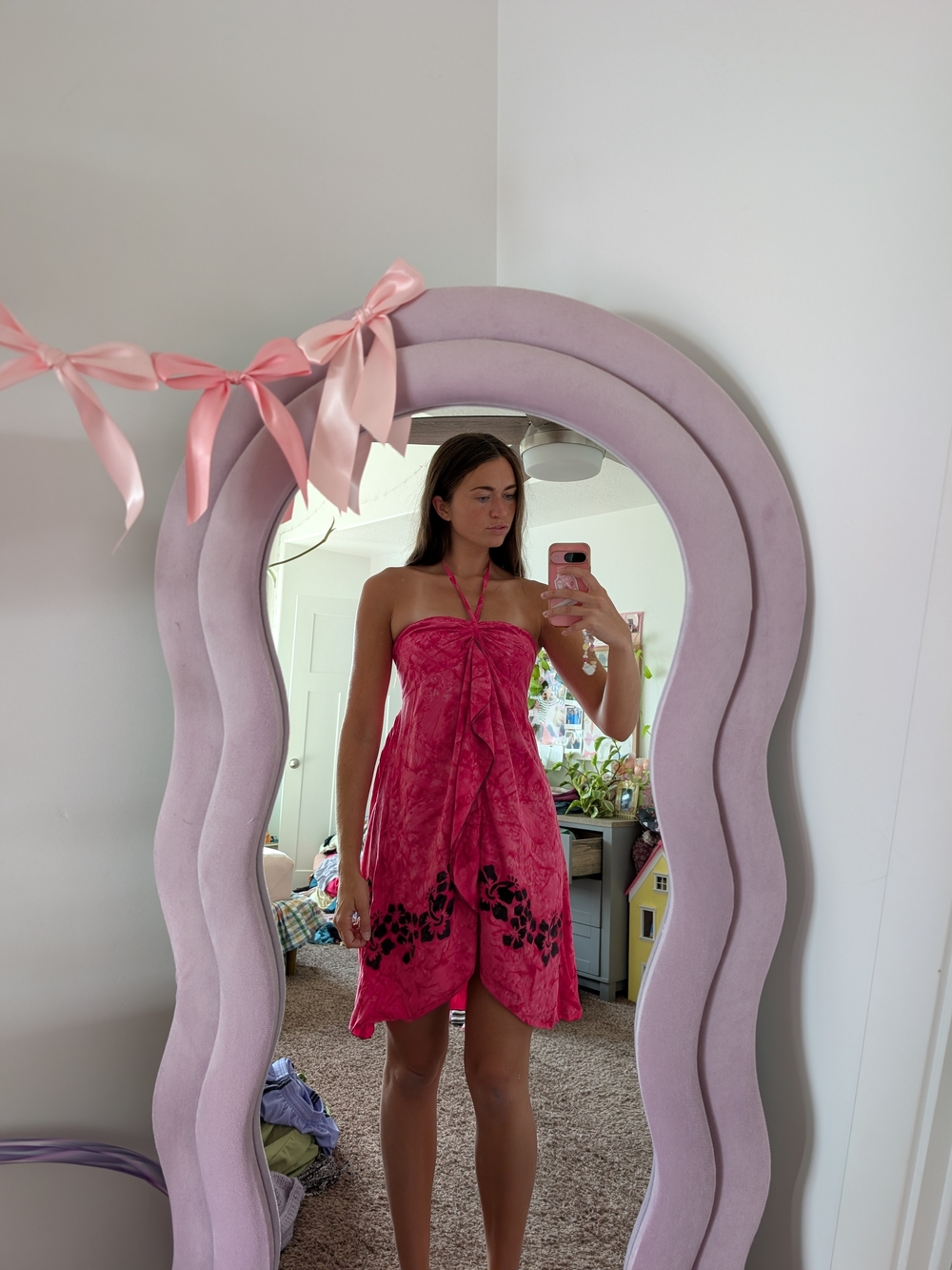 Pink Halter Hawaiian Tropical Tie-Dye Floral Trim Dress